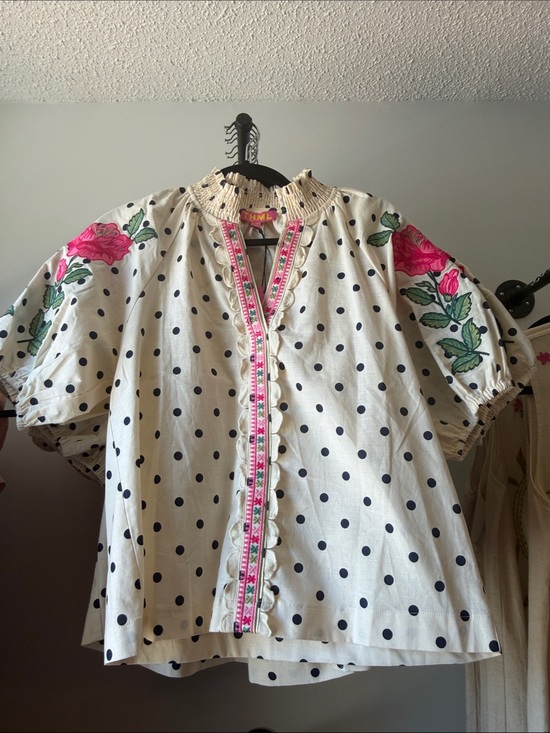 THML Tops - THML Cream Polka Dot Peasant Top with Pink Floral Embroidery